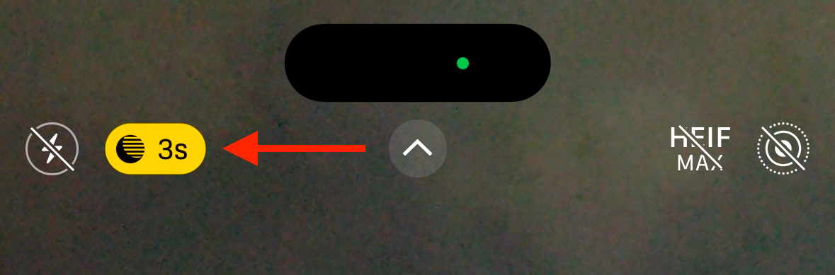 Night mode exposure time in Camera app on iPhone.
