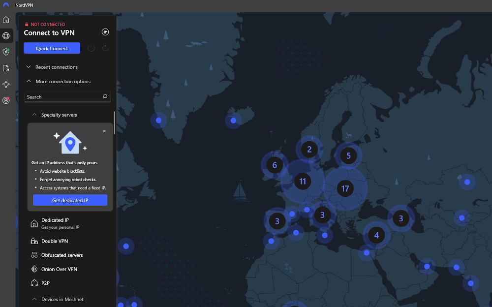 NordVPN's map interface with multiple servers visible. 