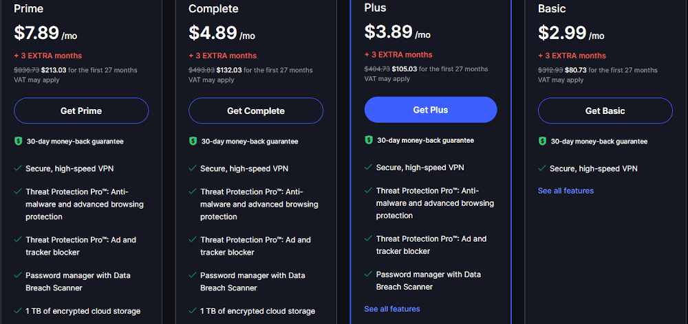 The NordVPN pricing options.