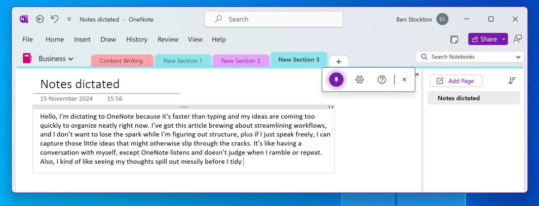 An example of OneNote dictation in action in the Windows app.