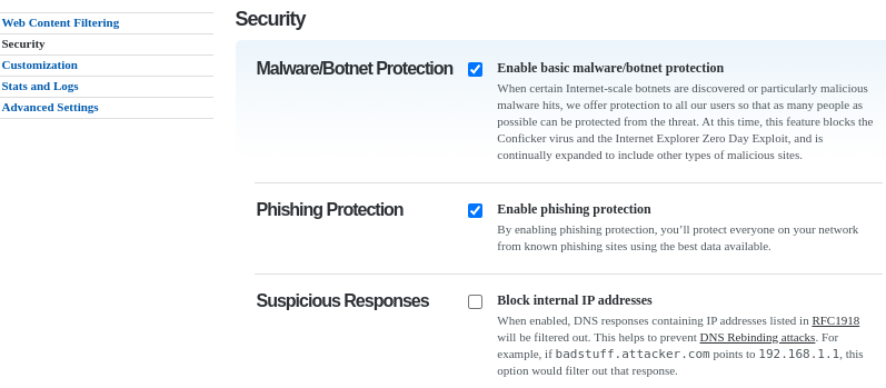 OpenDNS security settings with their explanations.