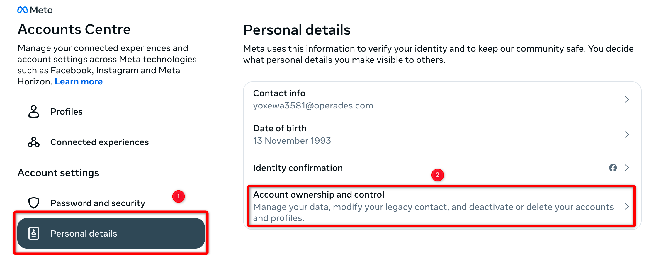 Opening the account ownership and control settings on Facebook.