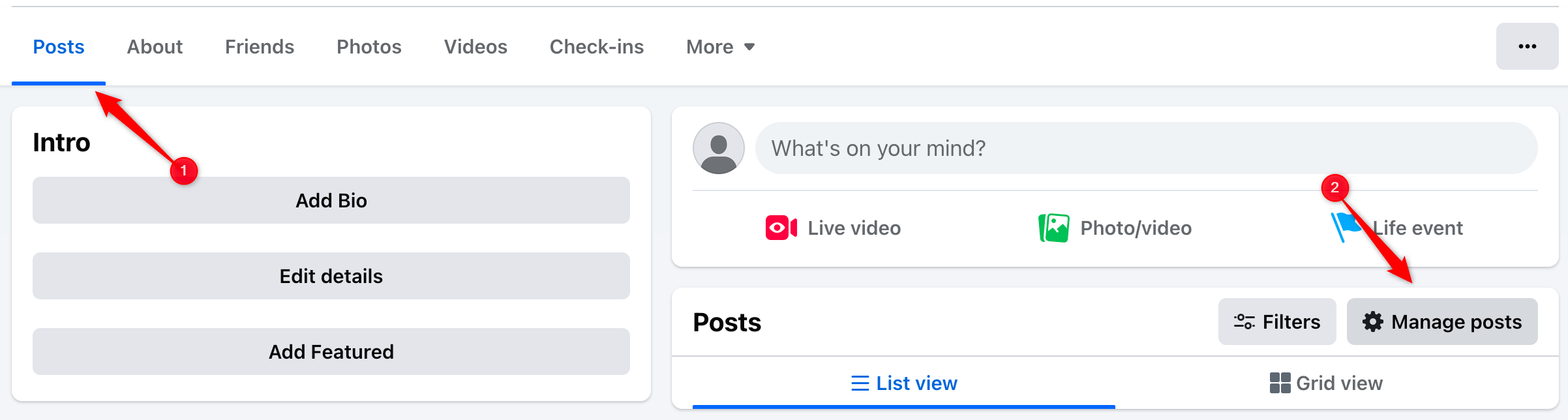 Opening the page to manage posts on Facebook.