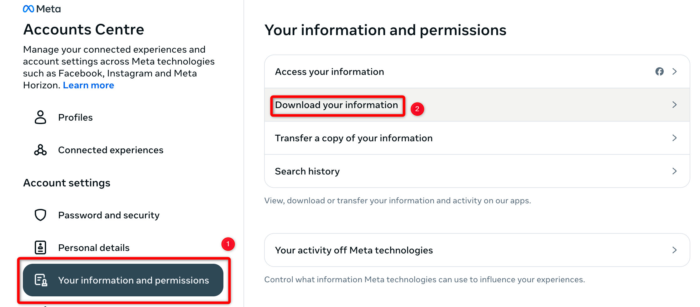 Opening the settings to download information on Facebook.