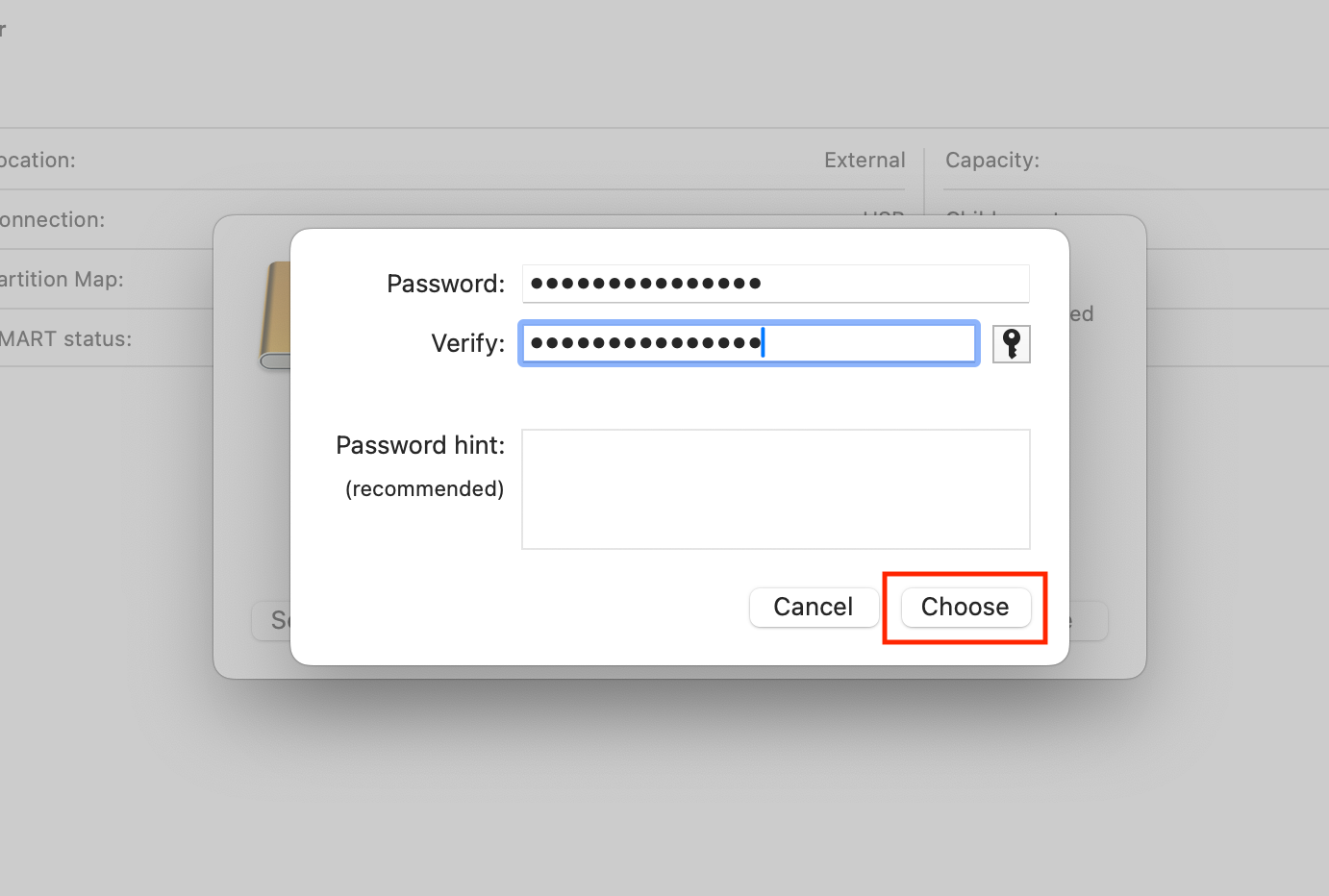 Password selection in Disk Utility.