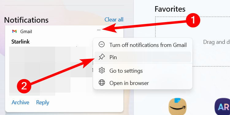 Pinning a notification in the Phone Link app on Windows.