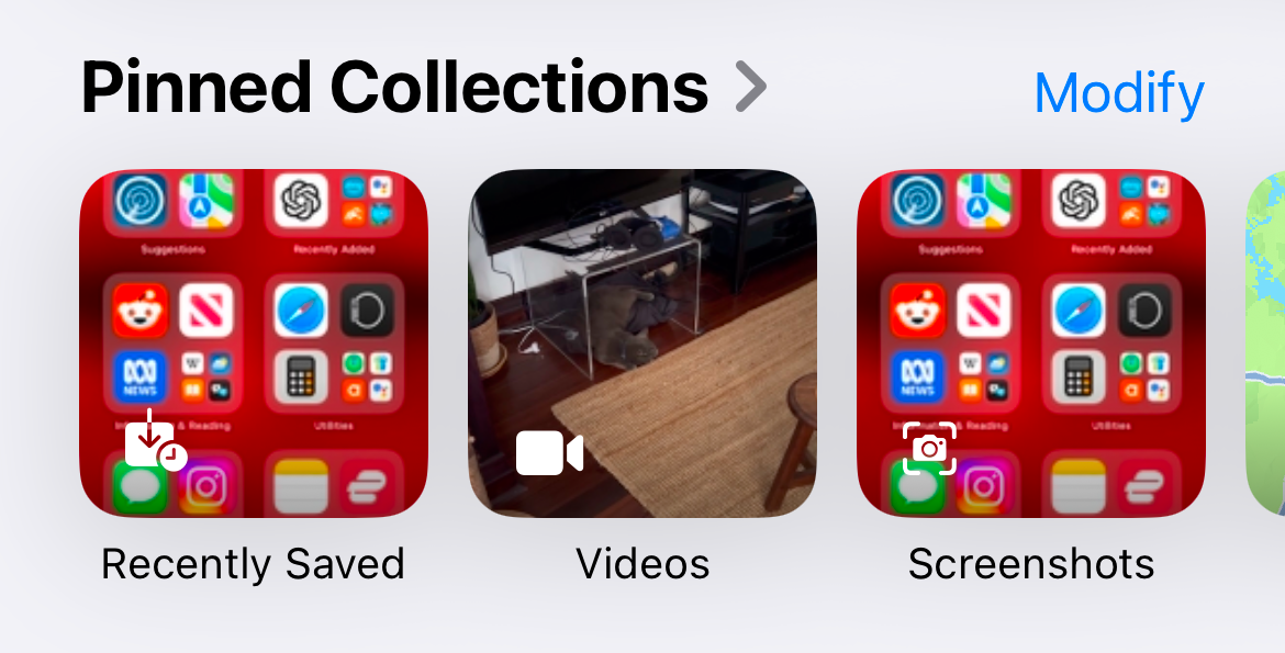 Pinned Collections in iOS 18 Photos app.