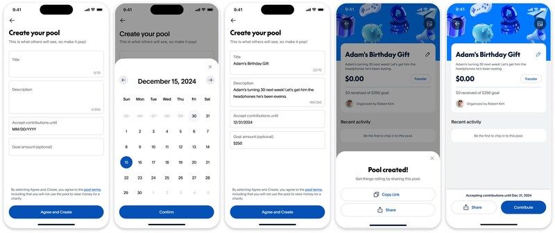 PayPal showing users how to make a group money pool from the mobile app, from naming, to setting a date, to confirming, to sending money, and finally confirming the transfer