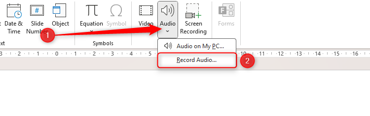 PowerPoint's Audio drop-down menu in the Insert tab.