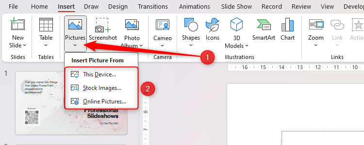 PowerPoint's Pictures drop-down in the Insert tab on the ribbon.