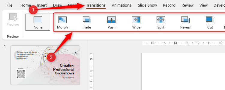 PowerPoint's transitions are highlighted in the Transition tab on the ribbon.