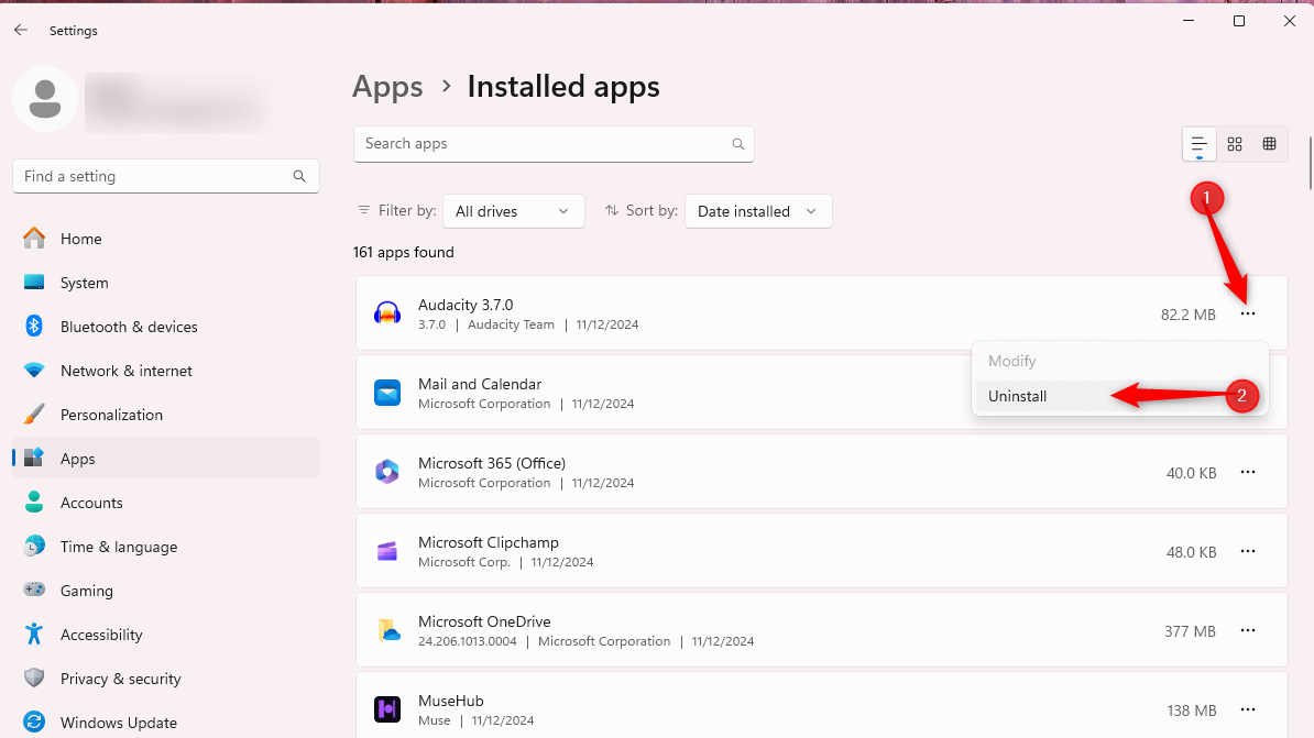 Two numbered arrows showing how to uninstall a program on installed apps list on Windows.