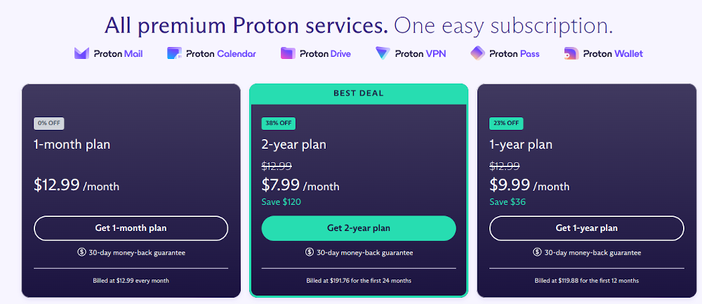 Proton's pricing options, with a discount displayed. 