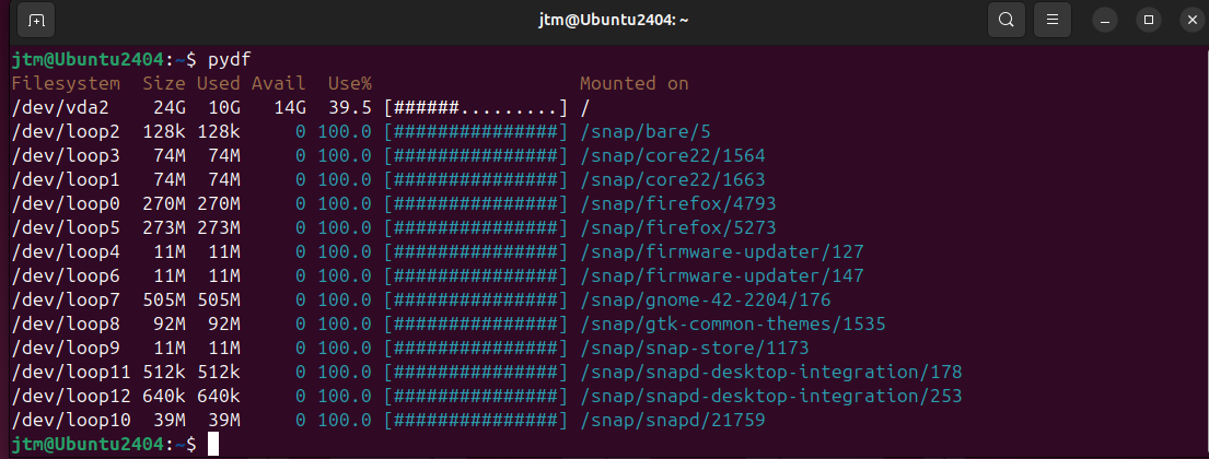 pydf storage analysis output at Ubuntu terminal command line prompt.