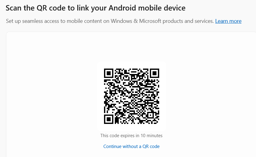 Displaying QR code to link your Android device to Phone Link.