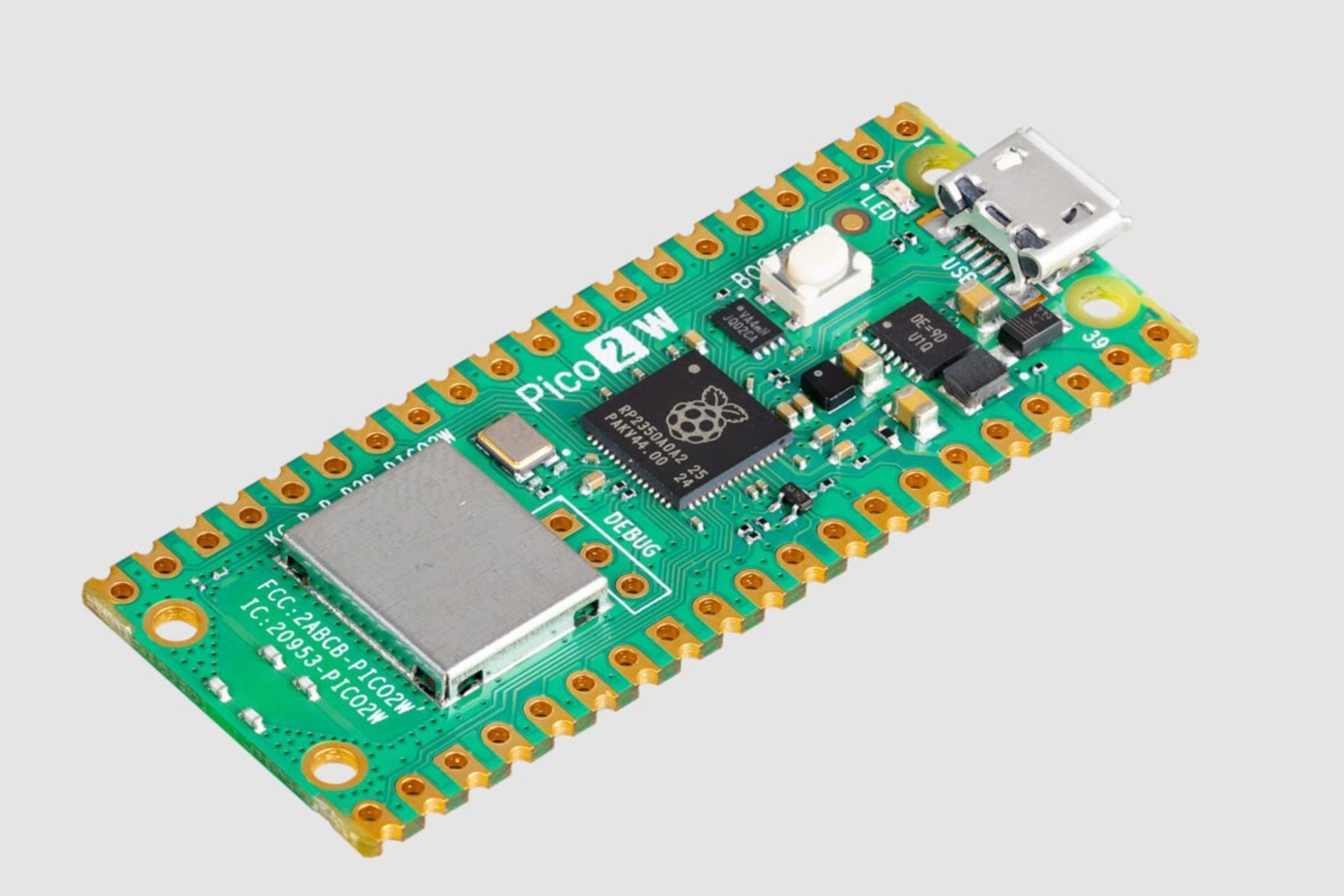 A Raspberry Pi Pico 2 W microcontroller board.