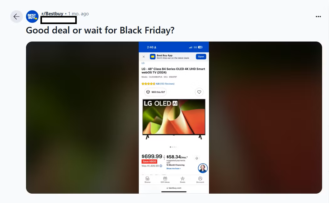 Someone asking a question about Black Friday on Reddit.