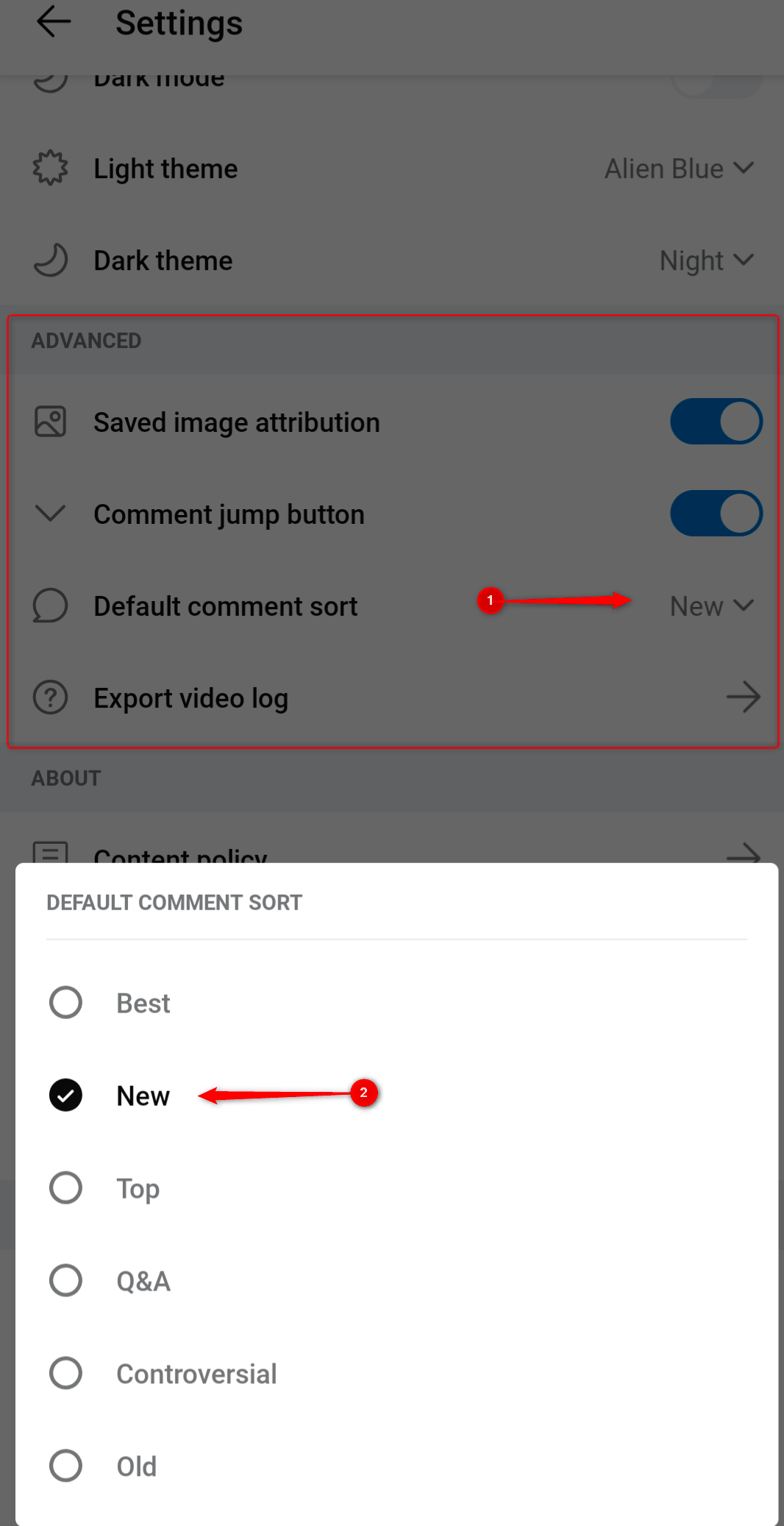 Reddit settings highlighted to change default comment sort to new, found under Advanced section.