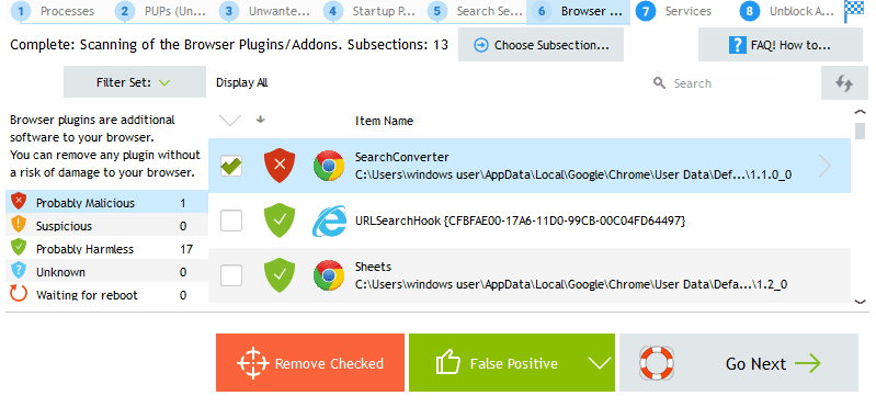 An image showing browser extensions, including some likely malware extensions.