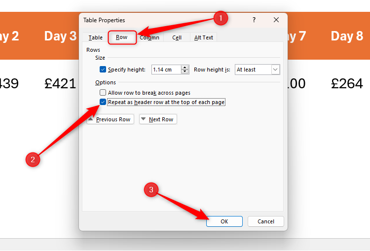 Repeat As Header Row checked in the Row tab of the Table Properties dialog box in Microsoft Word.