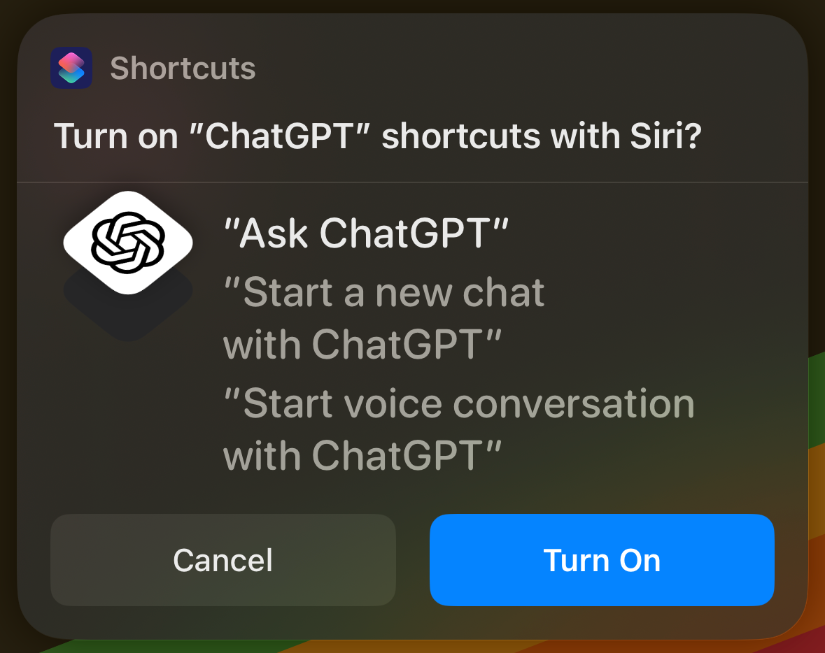 Request to turn on ChatGPT shortcuts on iPhone.