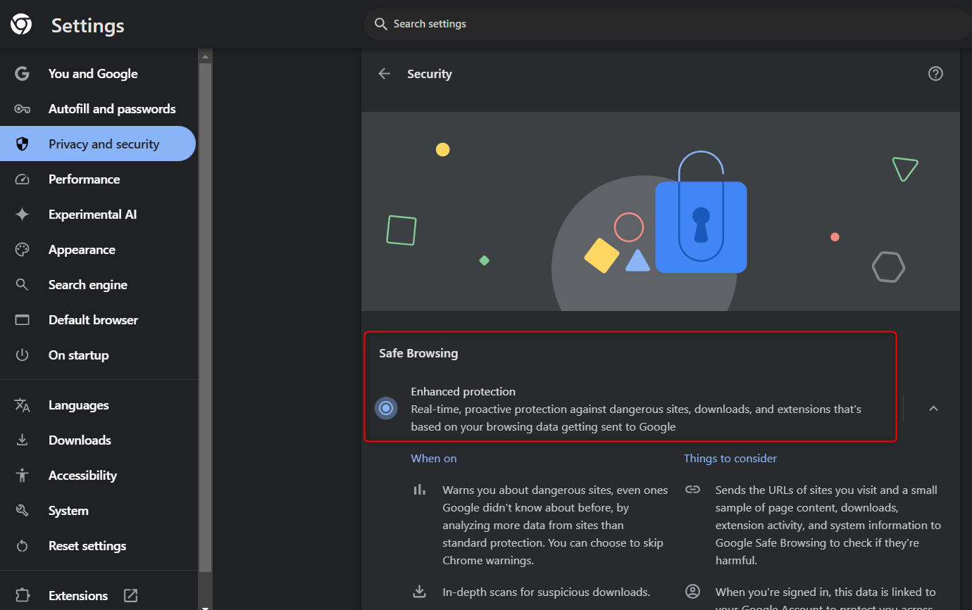 Enhanced protection on Google safe browsing on Google Chrome Settings.