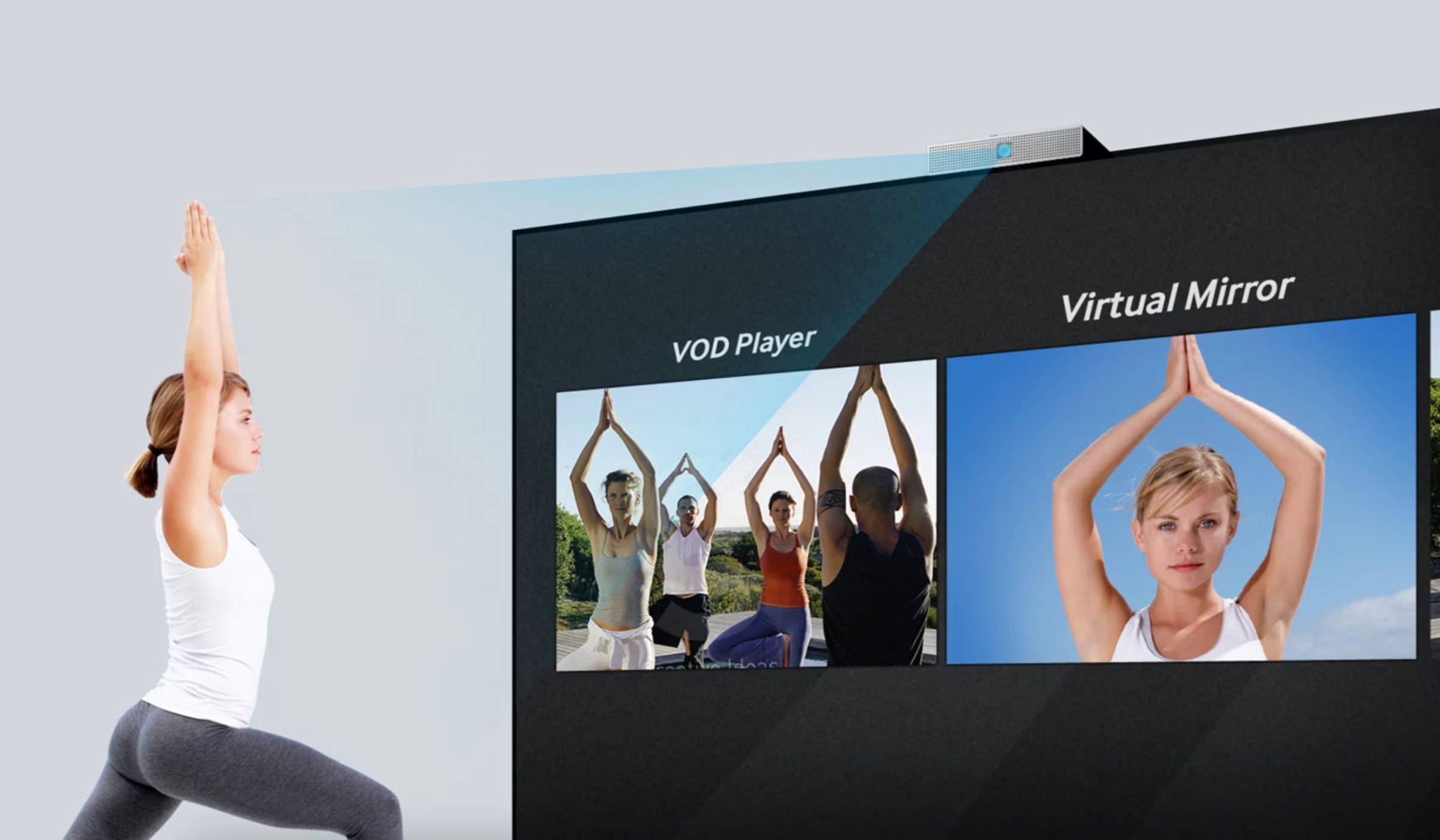 A smart TV with an add-on camera for fitness apps. 