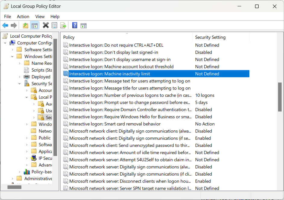 The "Interactive Logon: Machine Inactivity Limit" highlighted in the Group Policy Editor policy on Windows.