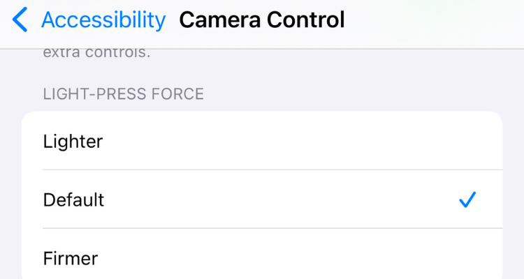 Screenshot of the Camera Control section in Accessibility menu.