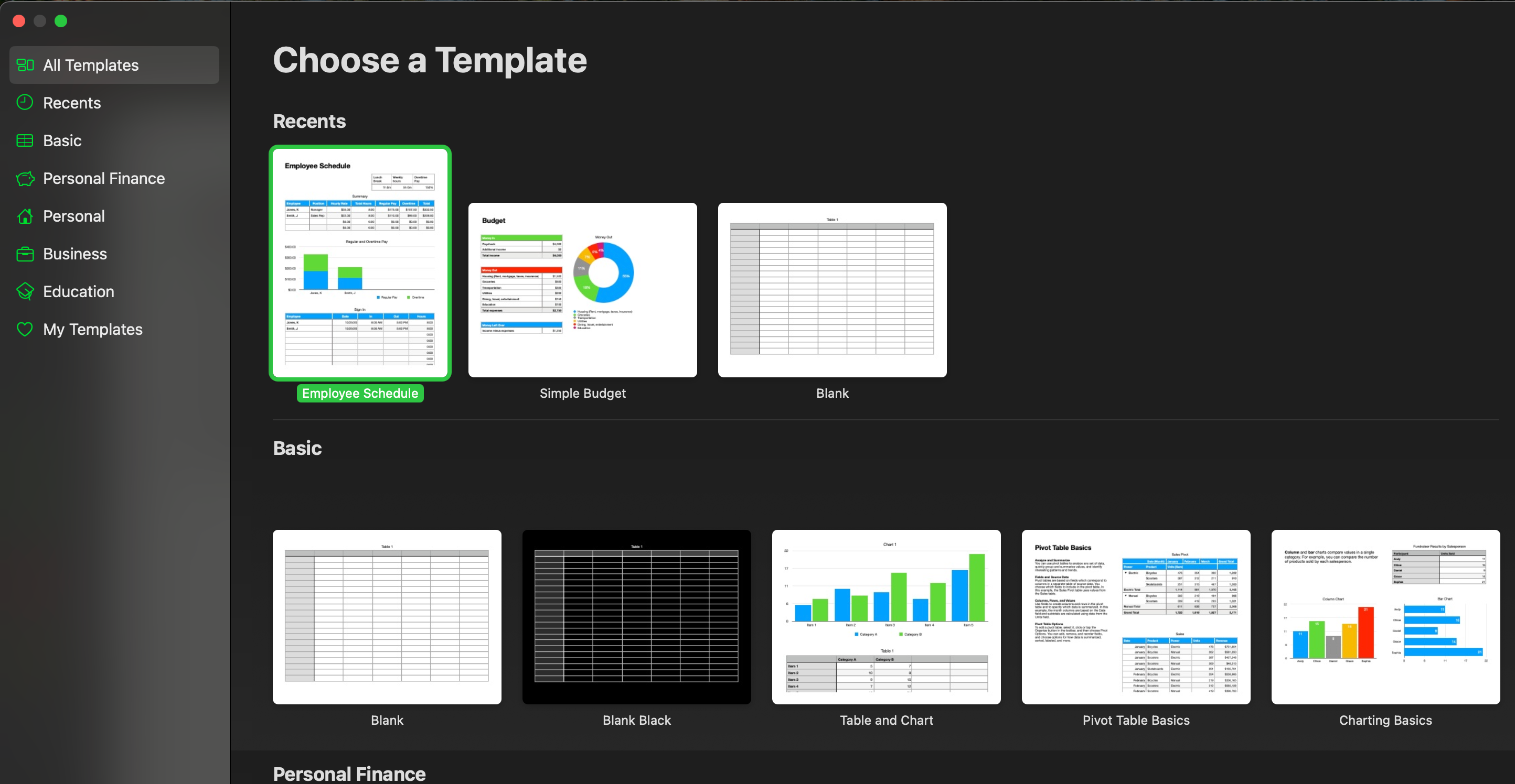 Templates on Apple Numbers.