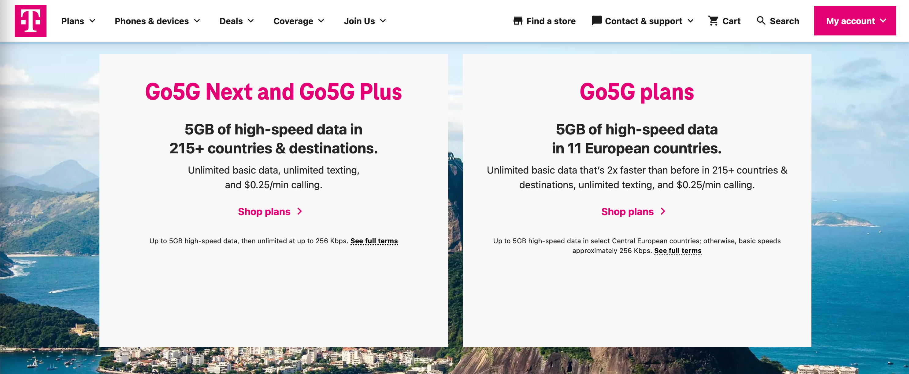 A screenshot of T-Mobile's Go5G plan features for international travel.