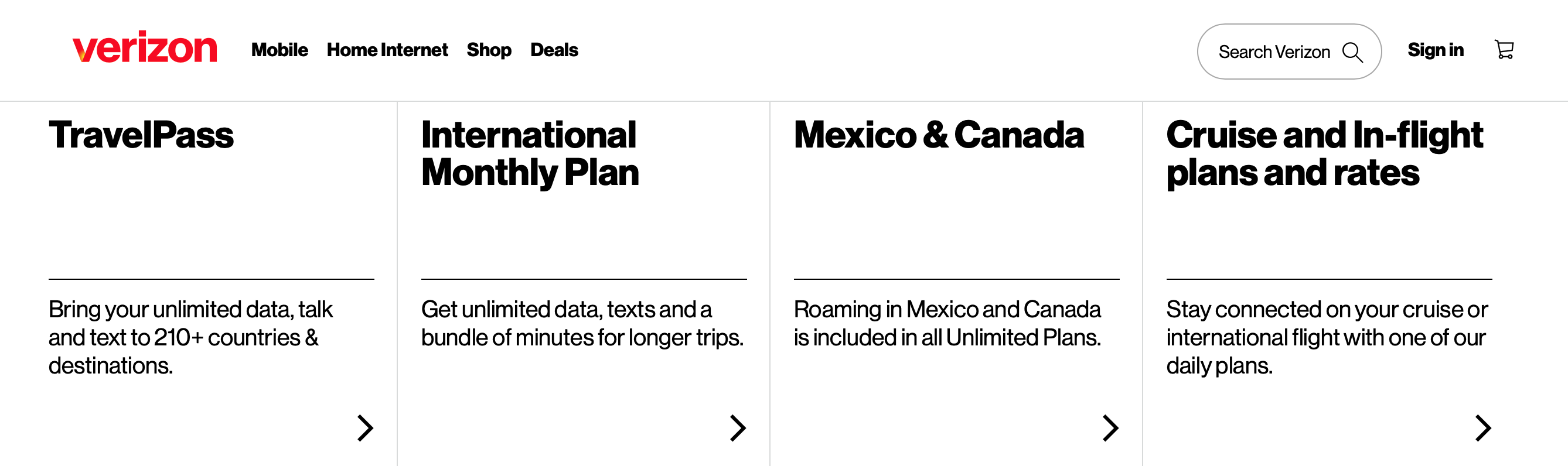 A screenshot of Verizon's international data passes and plans.