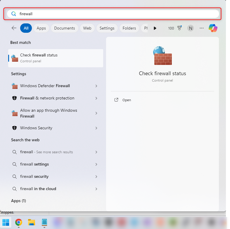 Windows start menu searching Firewall.