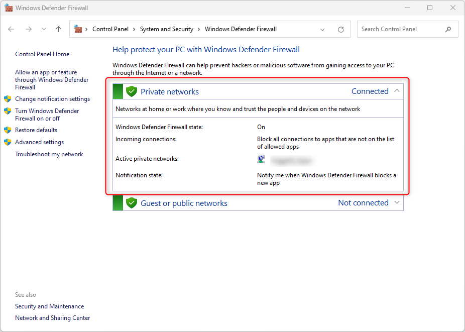 Windows Firewall showing connected on private networks.