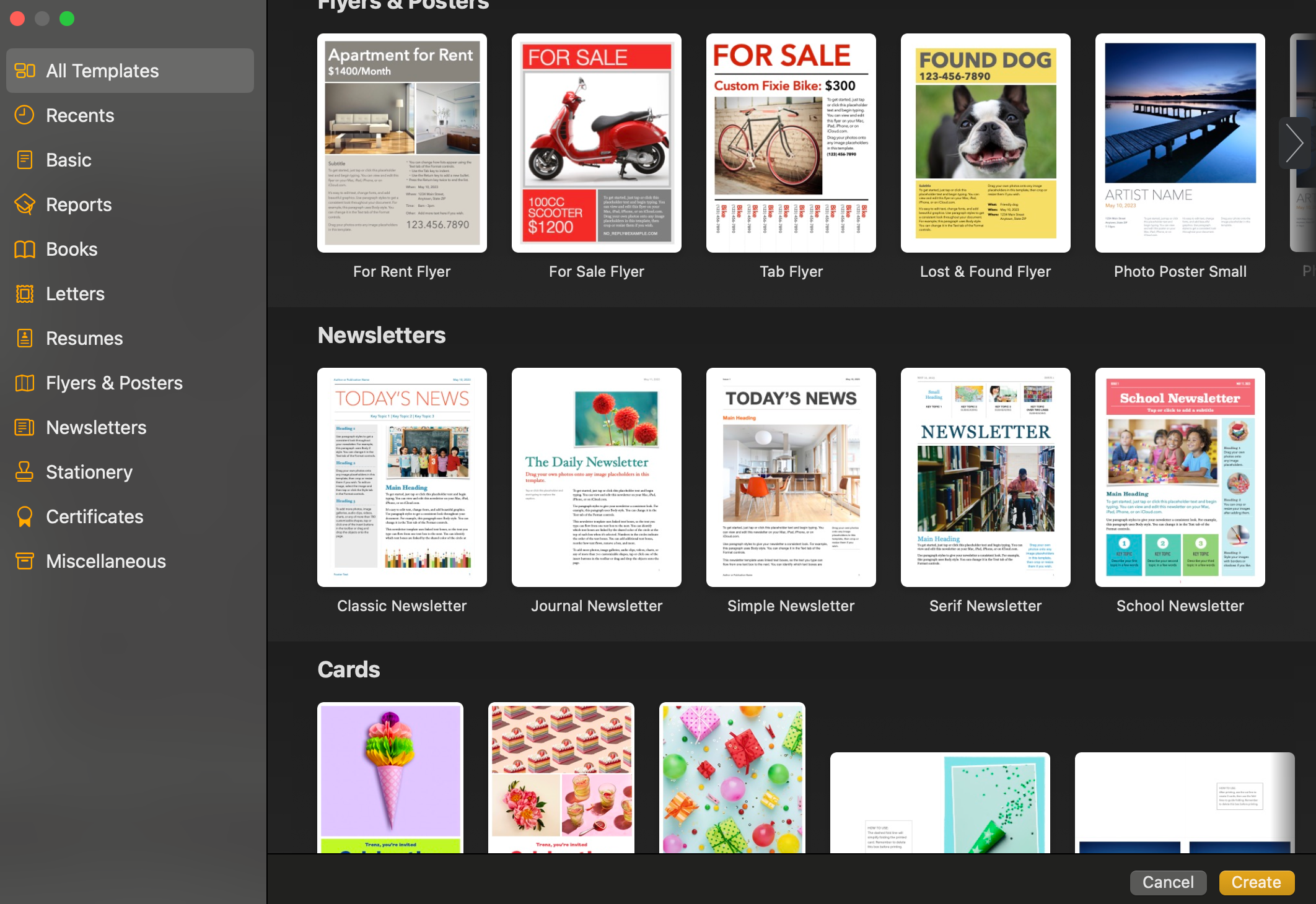 Templates in Apple Pages.