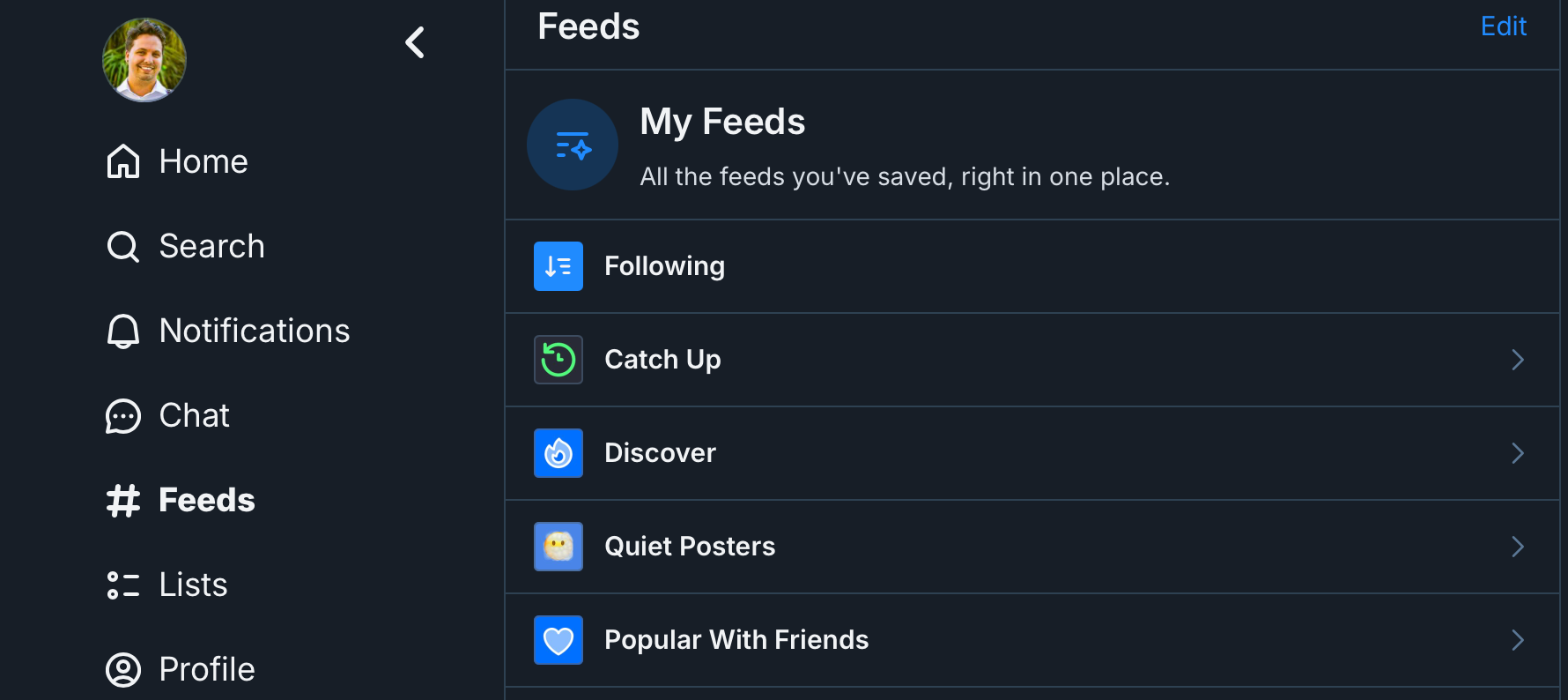 A screenshot of the Feeds menu in Bluesky.