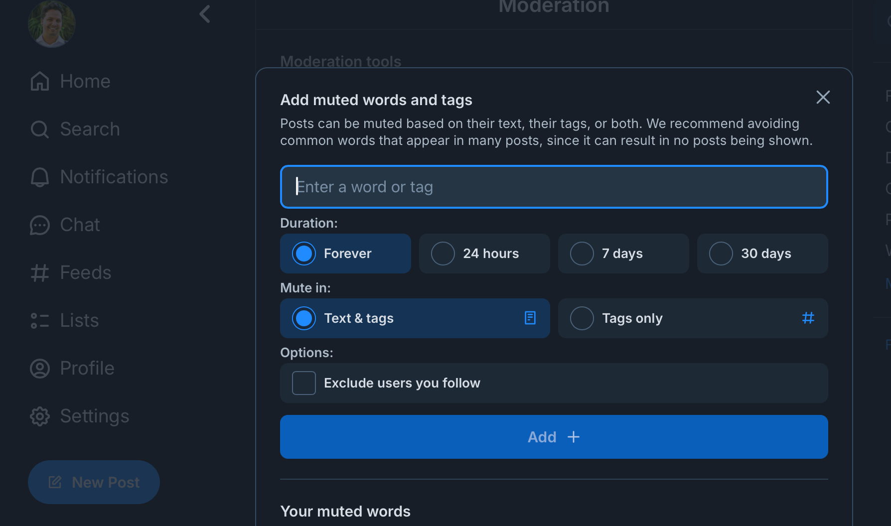 A screenshot of muted words and tags in Bluesky.