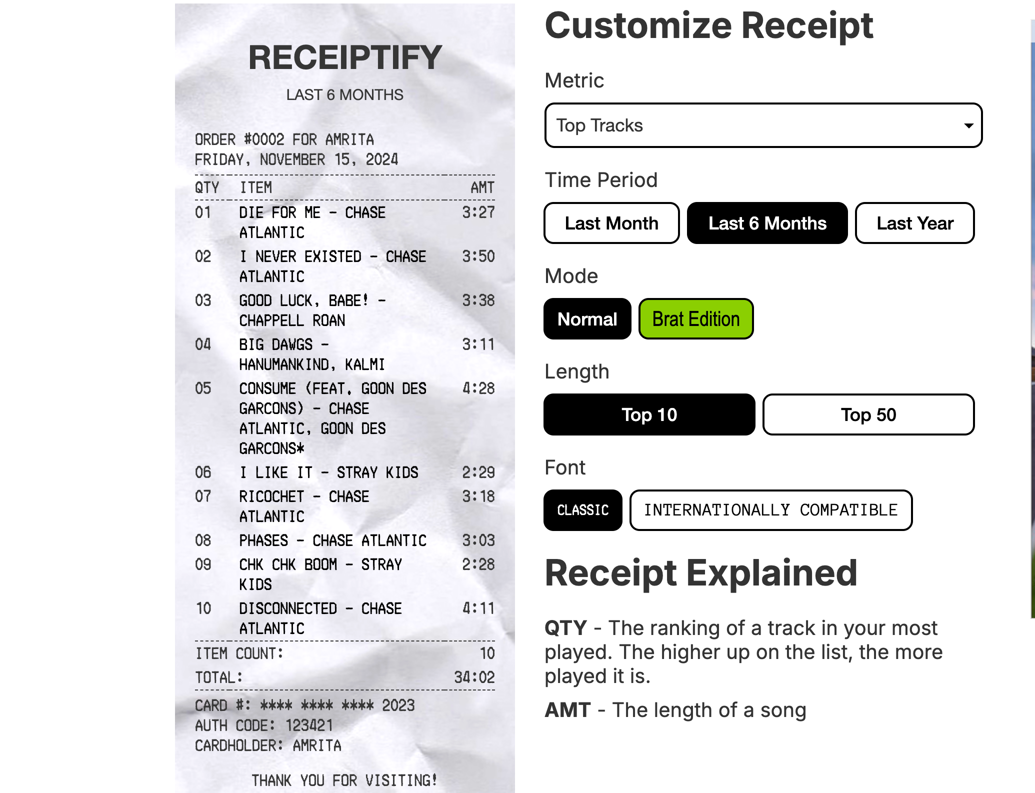 Customizing a music receipt for Spotify on Receiptify.