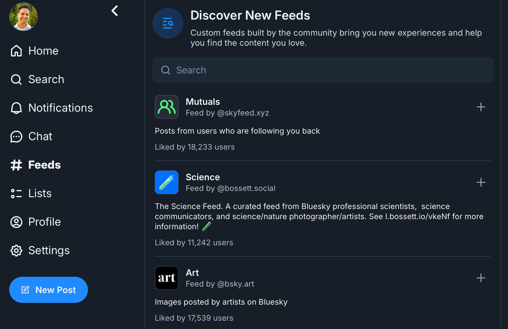 A screenshot of the Bluesky feeds page.