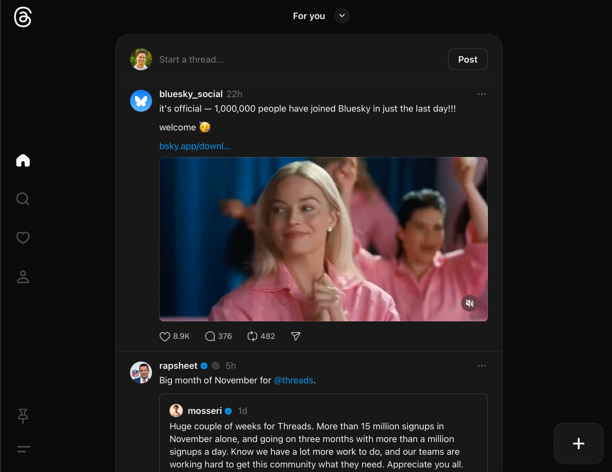 A screenshot of the Threads home page.