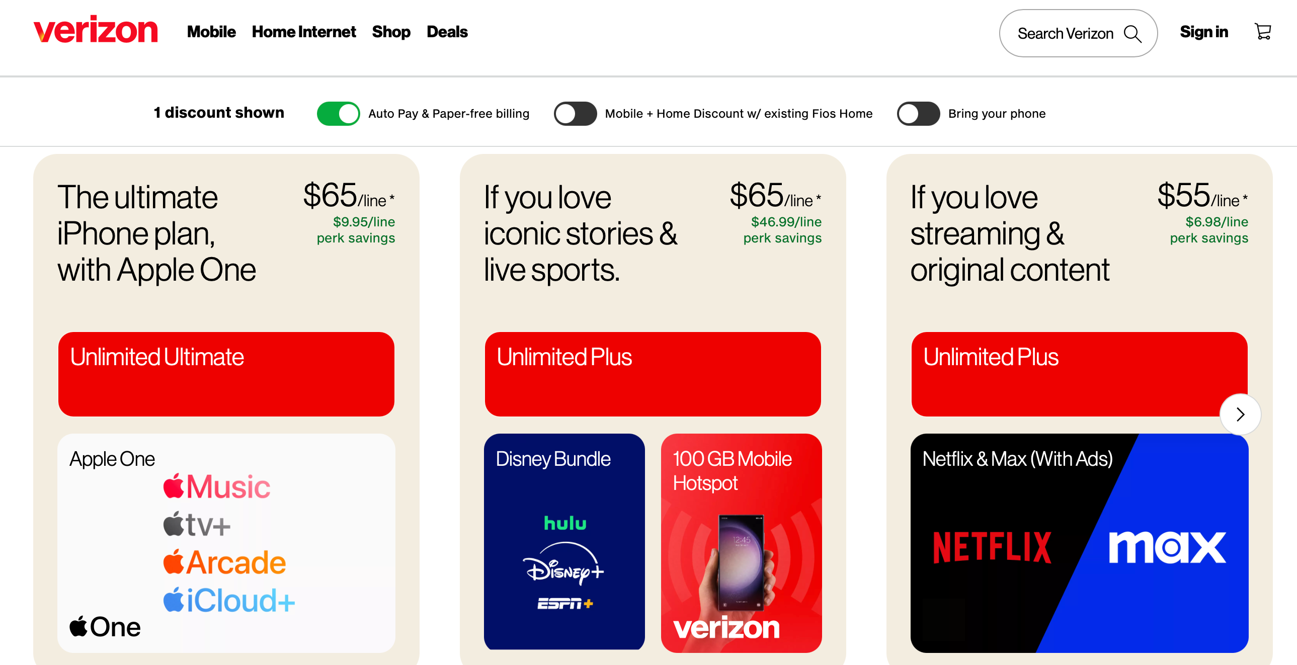 A screenshot of Verizon's plans.