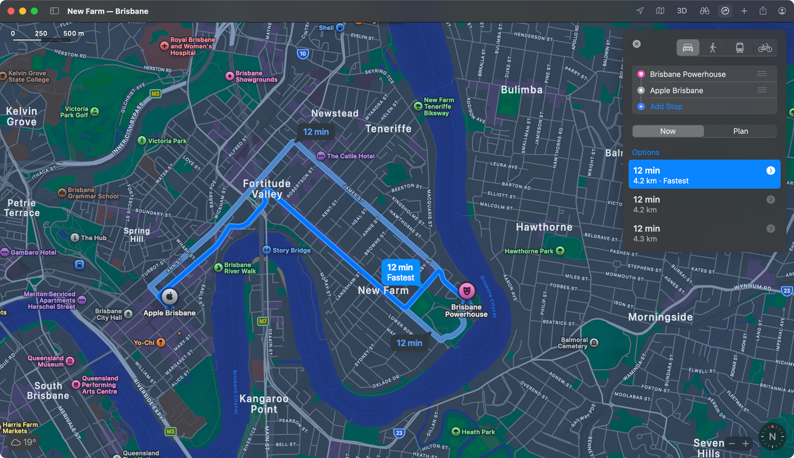 Creating a route within Apple Maps on macOS.