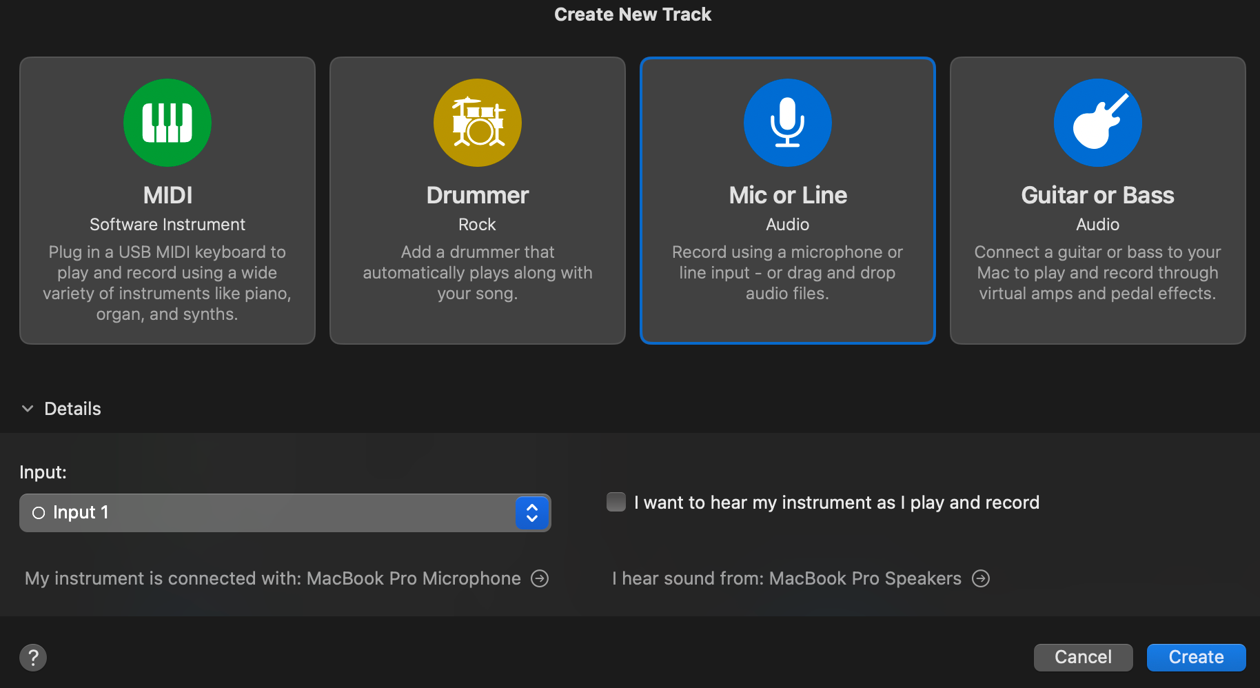 A screenshot of new track settings in GarageBand.