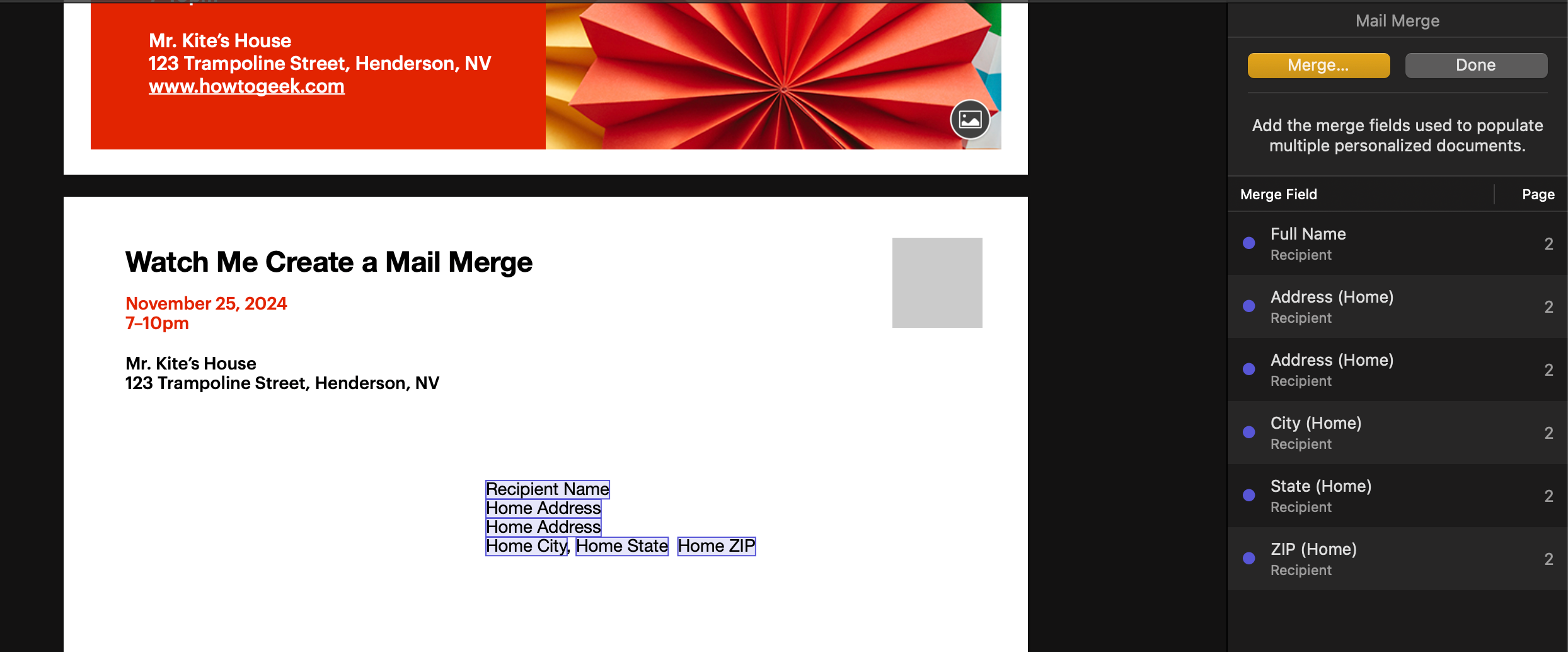 A screenshot of mail merge fields in Apple Pages.