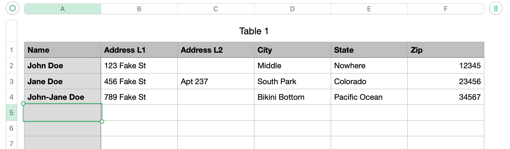 A screenshot of a contacts spreadsheet in Apple Numbers.