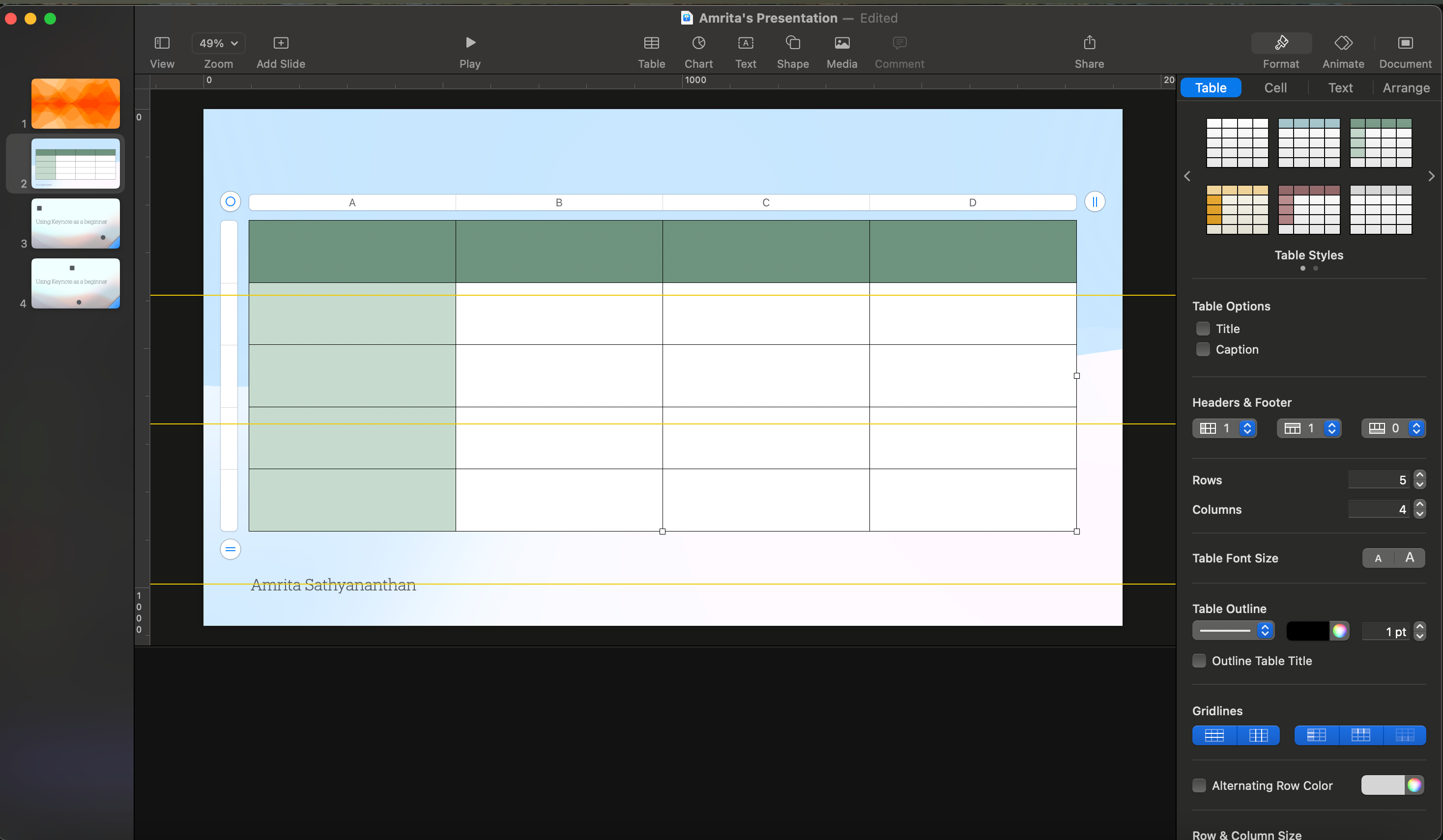 Working with tables on Keynote.