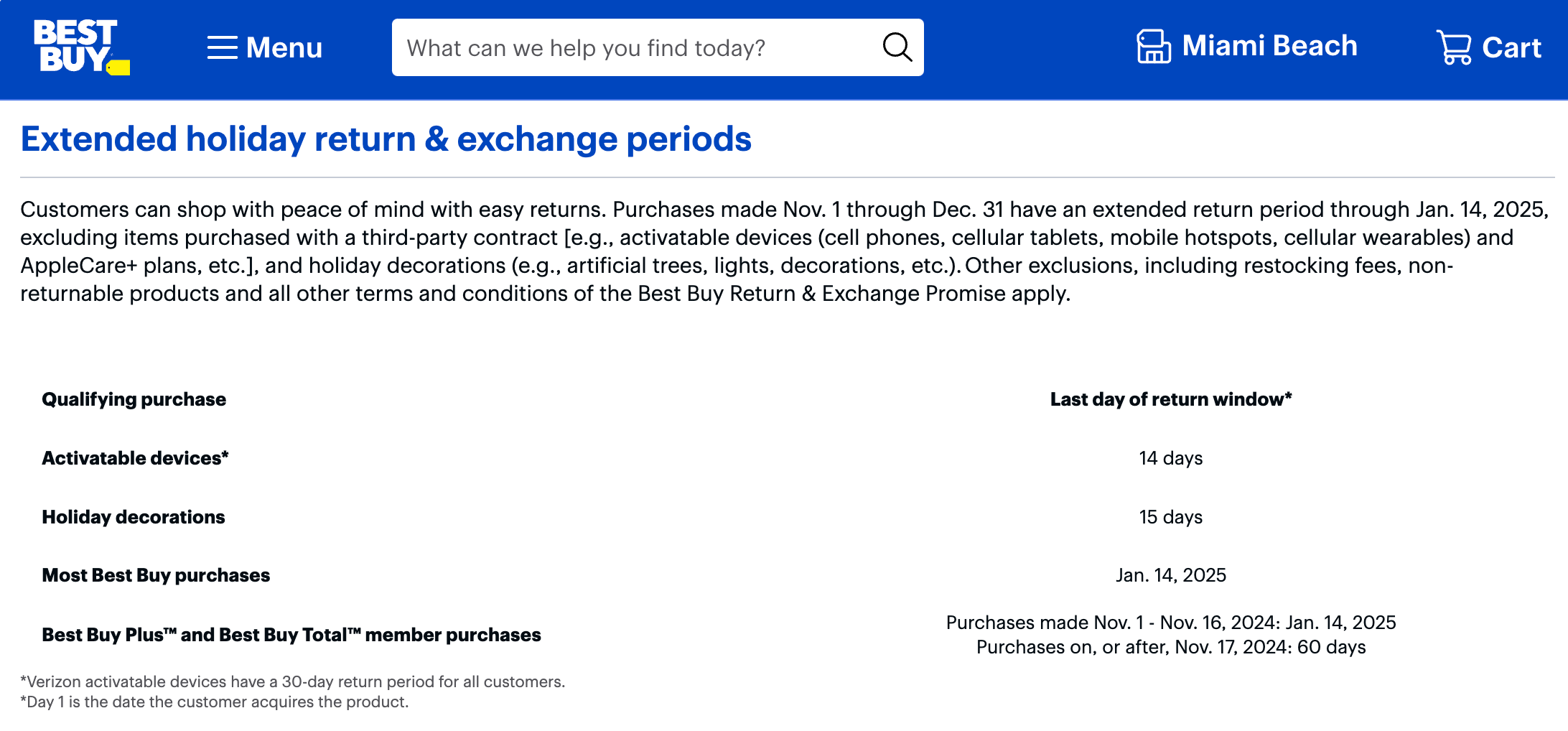 A screenshot of Best Buy's holiday return policy.