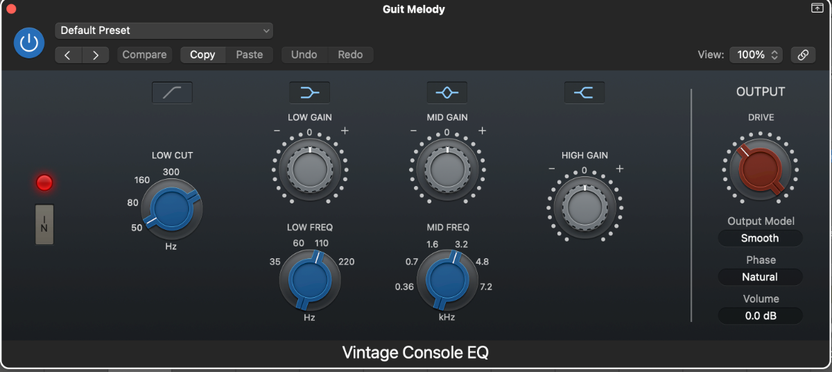 Screenshot of Apple Logic Pro's Vintage Console EQ plugin.