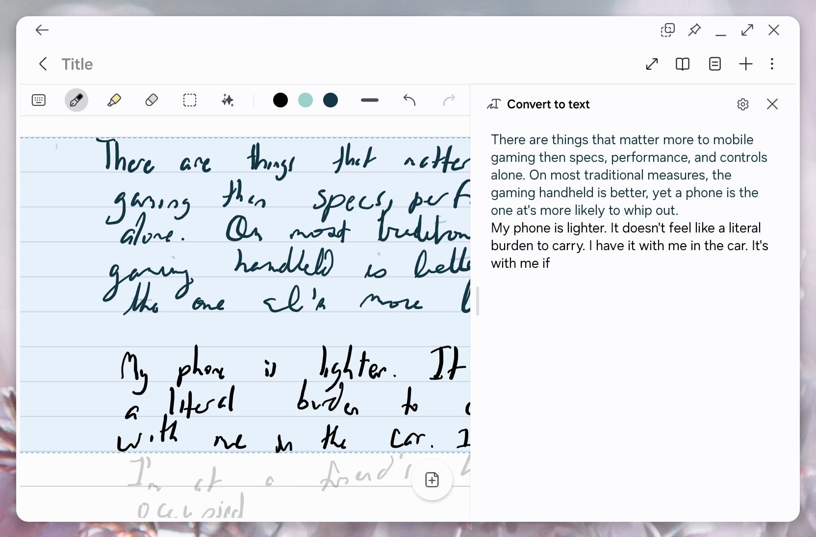 Converting handwriting into text in Samsung Notes.