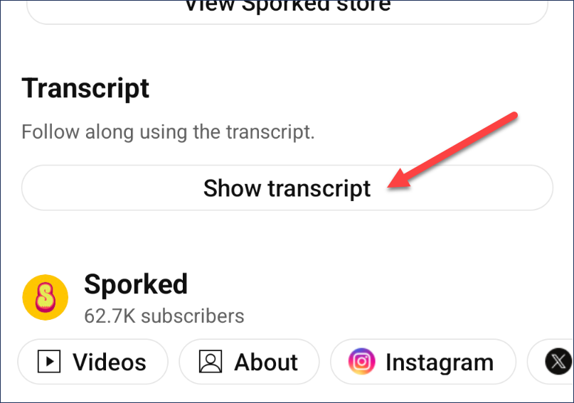 YouTube video transcript button.